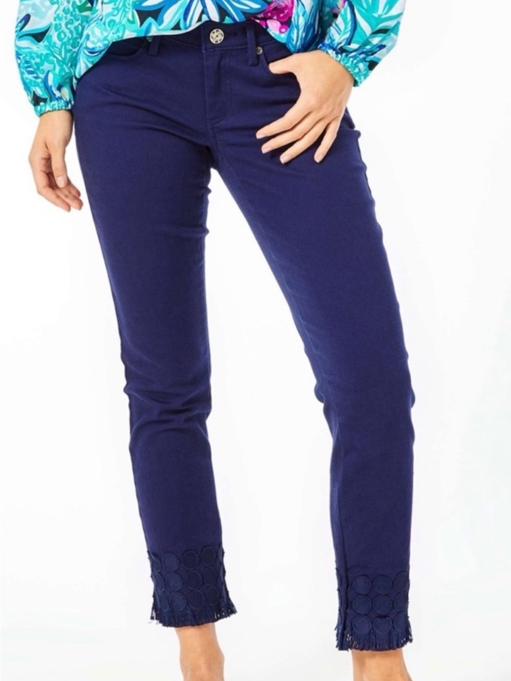 Lilly Pulitzer Navy Cropped Jeans with Circle Lace Hem